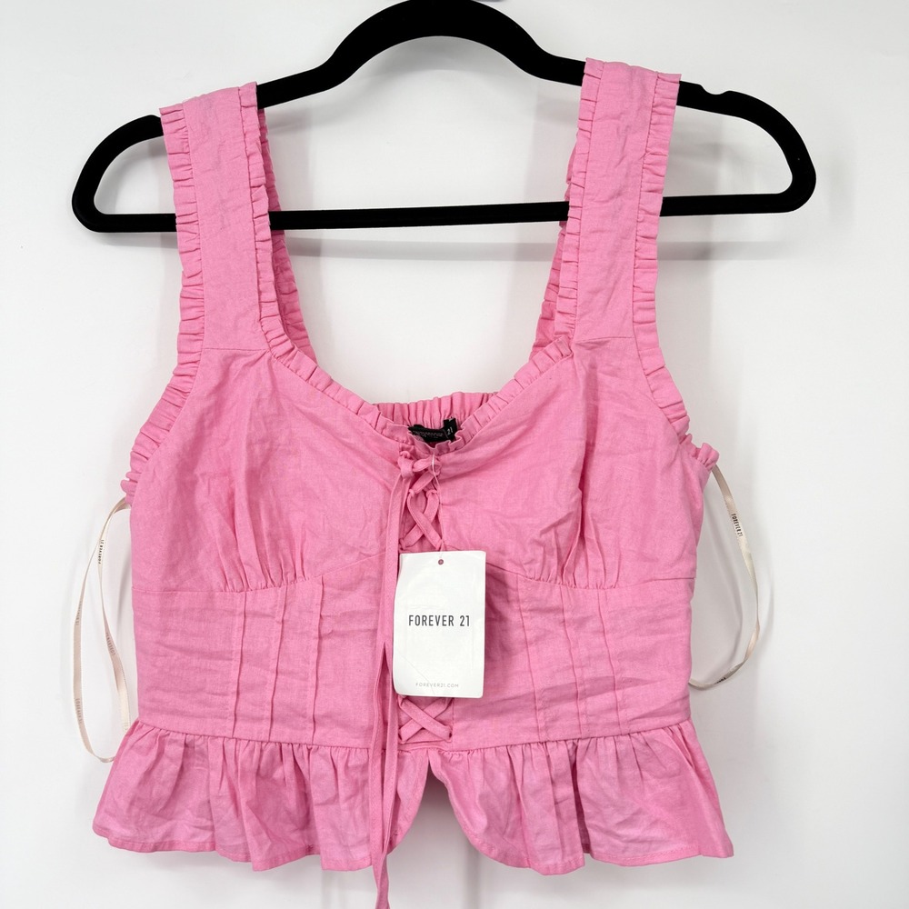 Forever 21 Pink Icing Lace Up Ruffle Peplum Top Sleeveless Smocked Back Small